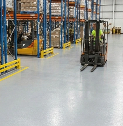 Worker performing floor preparation inside an industrial factory