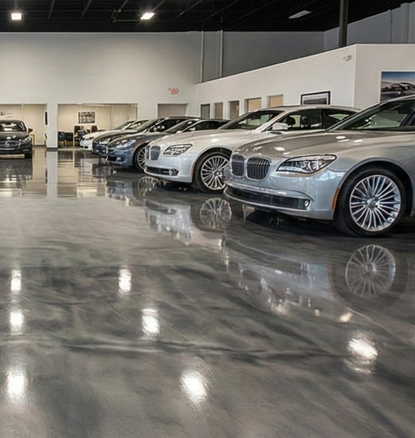 Car displayed inside a showroom with polished concrete floor