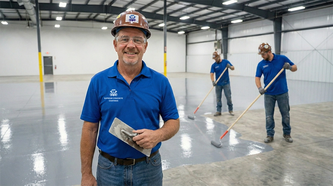 Supreme Coating team member in blue uniform with workers cleaning a concrete floor before epoxy installation