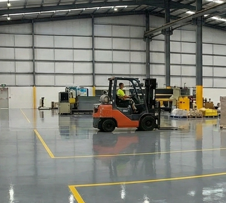 Worker performing floor preparation inside an industrial factory